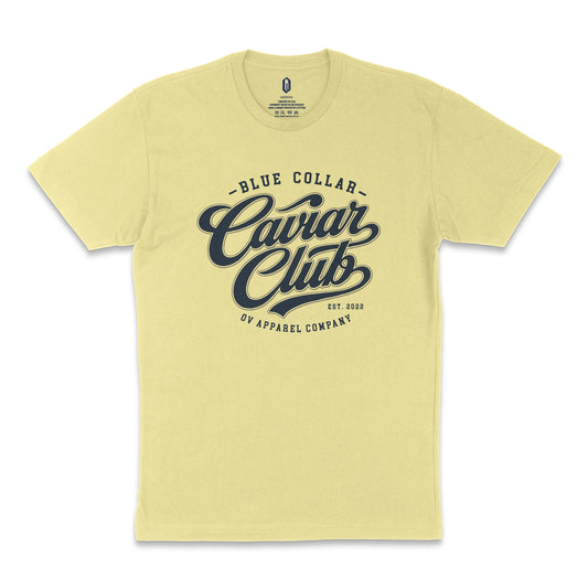 Blue Collar Caviar T-Shirt in cream with navy OV Apparel Company graphic